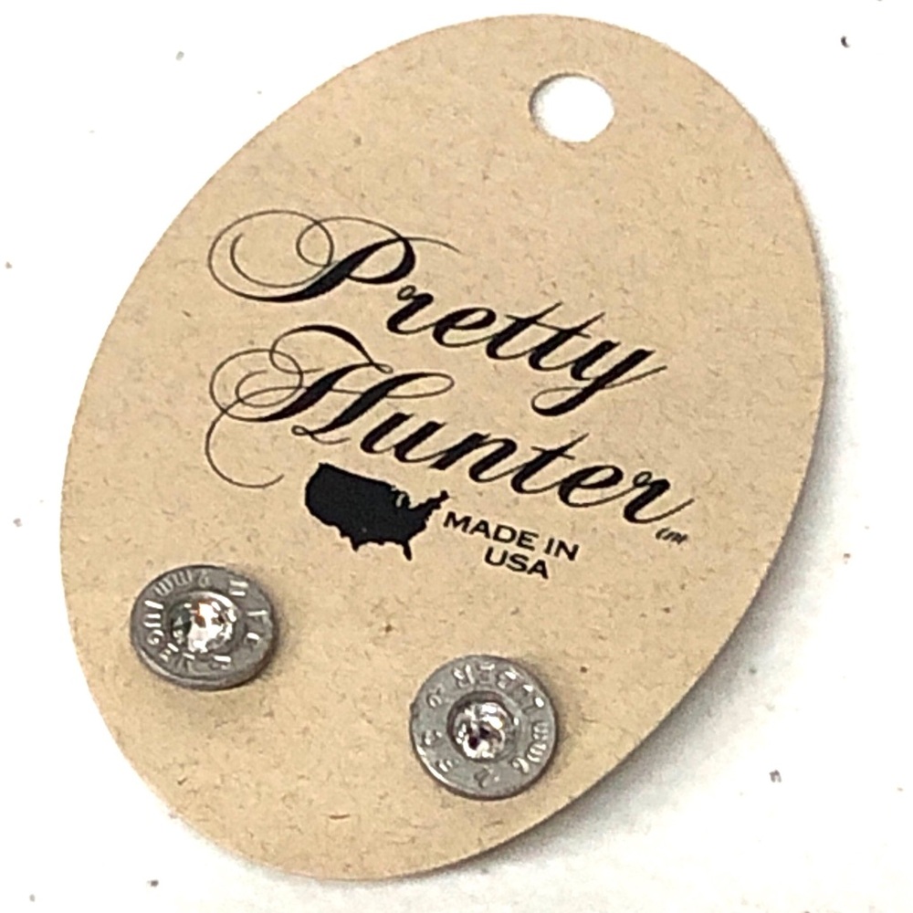 Pretty Hunter bullet Silver Stud Earrings with Clear Crystals